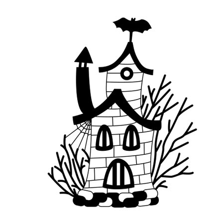 Scary house surrounded by bare trees. Vector hand drawn illustration. black color. Great for Halloween designのイラスト素材