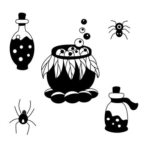 Black hand drawn set with a witch cauldron, poison bottles and spiders. Vector illustration for Halloween greeting card, posters.のイラスト素材