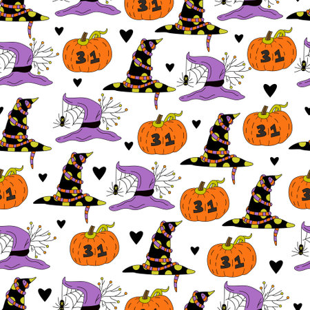 Halloween seamless pattern with Jack o lanterns, witch hats and spiders on white background. Hand drawn vector illustration in doodle styleのイラスト素材