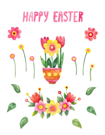 Happy Easter greeting card with flowers. hand painted watercolor illustration. Flower pot with daisies and tulips.の写真素材