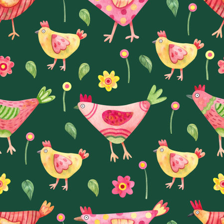 Easter seamless pattern with funny hens, little chickens and flowers on green background. spring design. Watercolor hand painted illustrationの写真素材
