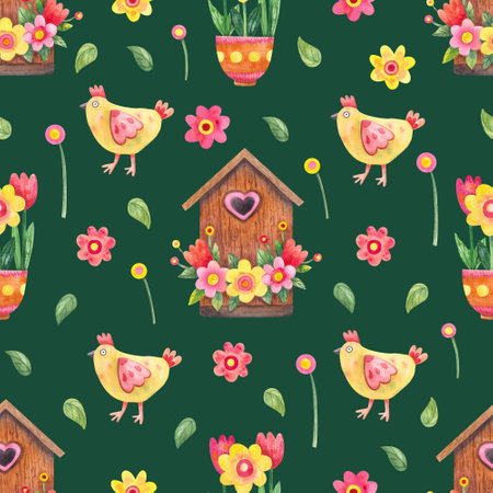 Easter seamless pattern with funny little chickens, birdhouses and flowers on green background. spring design. Watercolor hand painted illustrationの写真素材