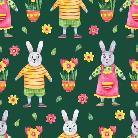 Easter seamless pattern with funny bunny boy, bunny girl and flowers on green background. spring design. Watercolor hand painted illustrationの写真素材