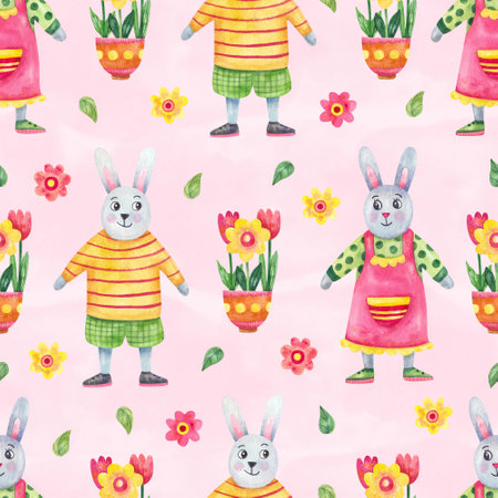 Easter seamless pattern with funny bunny boy, bunny girl and flowers on pink background. spring design. Watercolor hand painted illustrationの写真素材