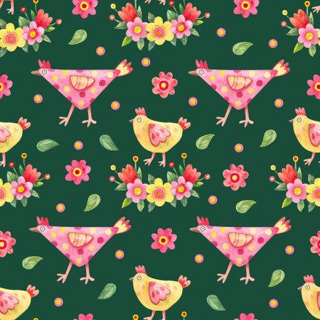 Easter seamless pattern with funny hens, little chickens and flowers on green background. spring design. Watercolor hand painted illustrationの写真素材