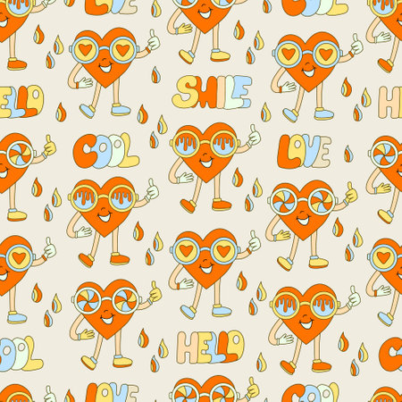 Hippie seamless pattern with hearts characters with cool glasses and letterings. Retro 70s vector illustration. Groovy cartoon style. Great for Valentines day.のイラスト素材