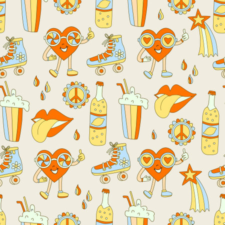 Hippie seamless pattern with cool elements lips, hearts, rollers, bottles of lemonade and peace signs. Retro 70s vector illustration. Groovy cartoon style.のイラスト素材
