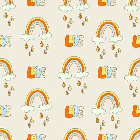 Hippie seamless pattern with rainbows and love letterings. Retro 70s vector illustration. Groovy cartoon style.のイラスト素材
