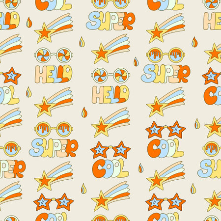 Hippie seamless pattern with star comets, cool glasses and letterings. Retro 70s vector illustration. Groovy cartoon style.のイラスト素材