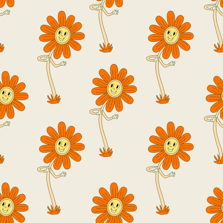 Hippie seamless pattern with smiling bright orange daisy flowers. Retro 70s vector illustration. Groovy cartoon style.のイラスト素材