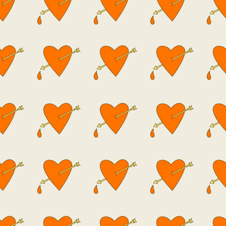 Hippie seamless pattern with hearts pierced by arrows. Retro 70s vector illustration. Groovy cartoon style.のイラスト素材