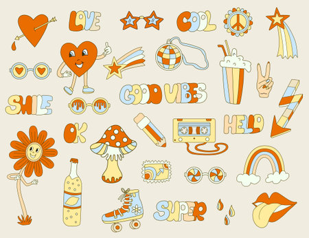 Hippie vibe big set. Retro 70s illustration. Hand drawn vector groovy psychedelic cartoon style.のイラスト素材