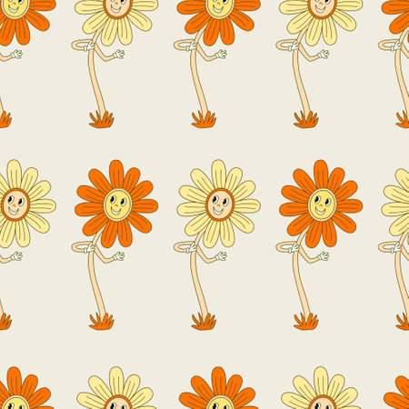 Hippie seamless pattern with smiling yellow and orange daisy flowers. Retro 70s vector illustration. Groovy cartoon style.のイラスト素材