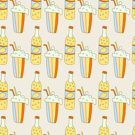 Hippie seamless pattern with cool bottles of lemonade and drinks. Retro 70s vector illustration. Groovy cartoon style.のイラスト素材
