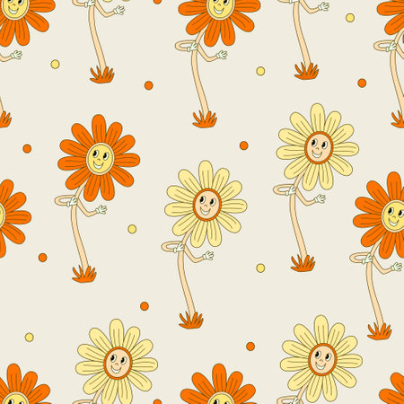Hippie seamless pattern with smiling daisy flowers. Retro 70s vector illustration. Groovy cartoon style.のイラスト素材
