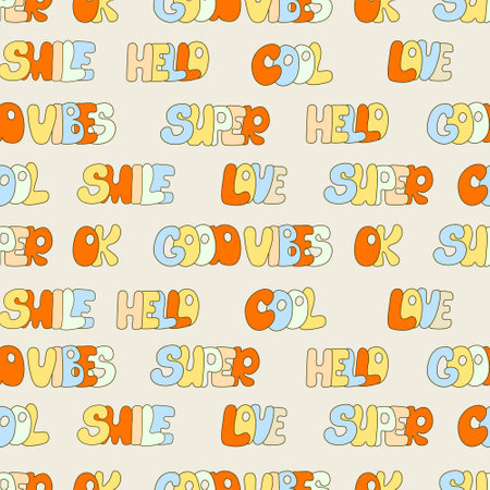 Hippie seamless pattern with words. Love, cool, super, hello and good vibes letterings. Retro 70s vector illustration. Groovy cartoon style.のイラスト素材