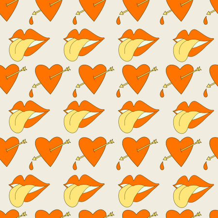 Hippie seamless pattern with hearts pierced by arrows, lips and tongue. Retro 70s vector illustration. Groovy cartoon style.のイラスト素材
