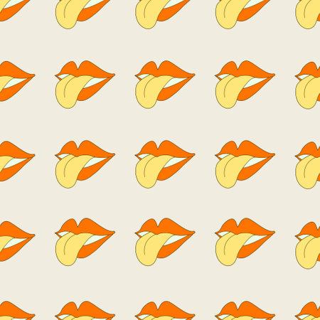 Hippie seamless pattern with lips and tongue. Retro 70s vector illustration. Groovy cartoon style.のイラスト素材