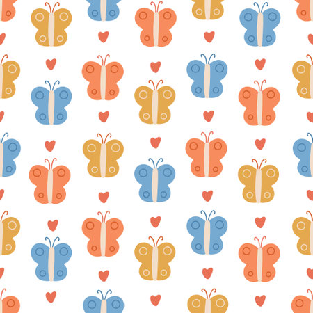 Vector seamless pattern with colorful butterflies and hearts on white background. Great for lines, wallpapers, covers.のイラスト素材