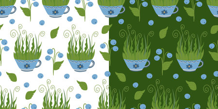 Set of vector seamless patterns with mugs decorated with flowers and blueberries on white and green backgrounds. Great for lines, wallpapers, covers.のイラスト素材