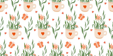Vector seamless pattern with mugs decorated with hearts, butterflies and wild flowers on white background. Great for lines, wallpapers, covers.のイラスト素材