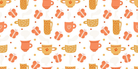 Vector seamless pattern with mugs and butterflies on white background. Great for linens, tablecloths, wallpapers, covers.のイラスト素材