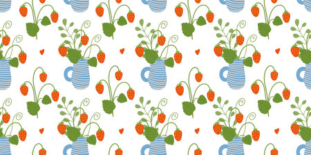 Vector seamless pattern with blue mugs and strawberries on white background. Great for lines, wallpapers, covers.のイラスト素材