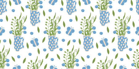 Vector seamless pattern with mugs decorated with polka dots, butterflies and blueberries and herbs on white background. Great for lines, wallpapers, covers.のイラスト素材