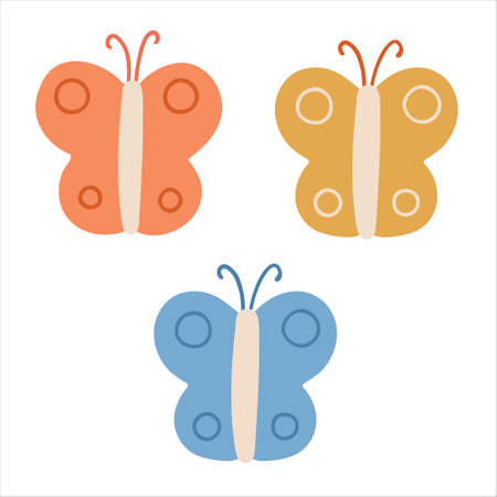 Decorative butterfies set. Hand drawn flat vector illustration.のイラスト素材
