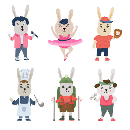 Set with funny bunnies or rabbits characters. hand drawn illustrations. Hobby and favorite pastimeの写真素材