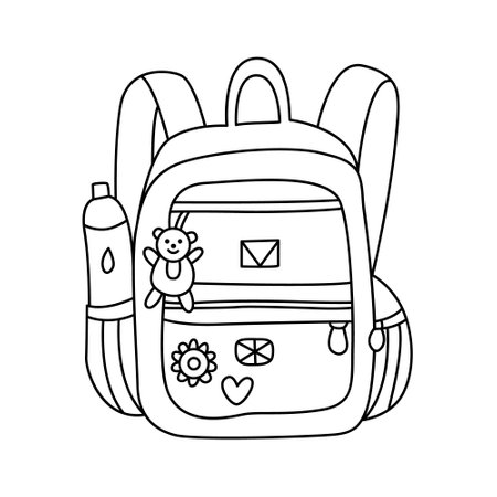 Schoolbag or backpack with a bottle of water and toy hand drawn doodle illustration black outline. Back to school theme element.のイラスト素材