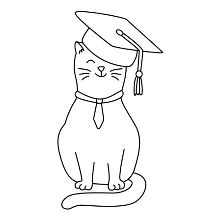 A cute cat with a graduate hat. Hand drawn doodle illustration, black outline. Back to school theme element.のイラスト素材
