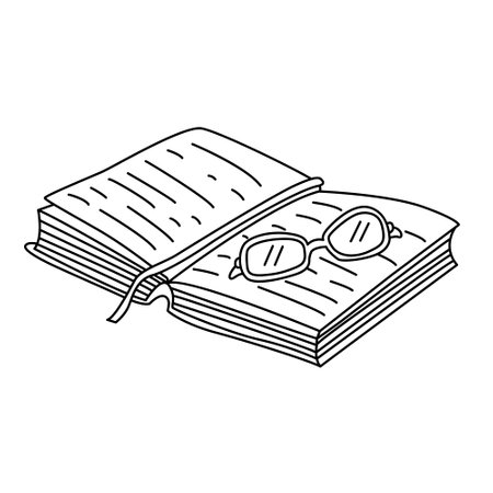 Open book with a bookmark and glasses doodle hand drawn vector illustration black outline.のイラスト素材