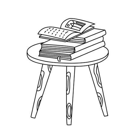 Caffee table with books. Vector doodle hand drawn illustration black outline.のイラスト素材