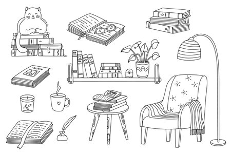 Reading books set with cute cat sleeping on a pile of books, cozy armchair and floor lamp. Doodle hand drawn vector illustration black outlineのイラスト素材