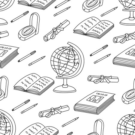 Science geography seamless pattern. Vector doodle hand drawn illustration on white background.のイラスト素材