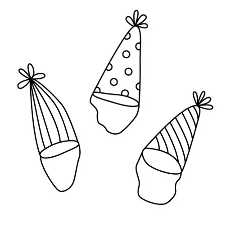 Birthday hats hand drawn doodle vector illustration black outline. Great for coloring and greeting cards.のイラスト素材