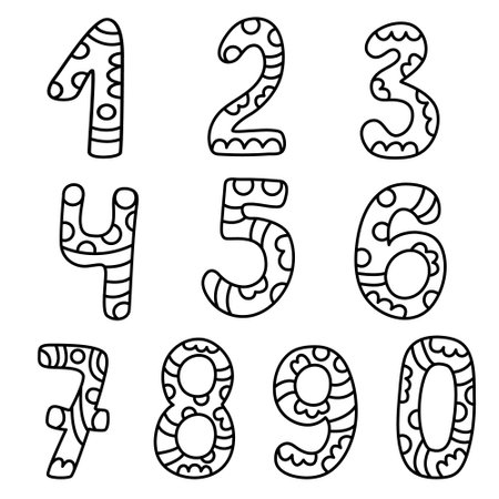 Set of numbers hand drawn doodle vector illustration black outline. Great for coloring and greeting cards.のイラスト素材