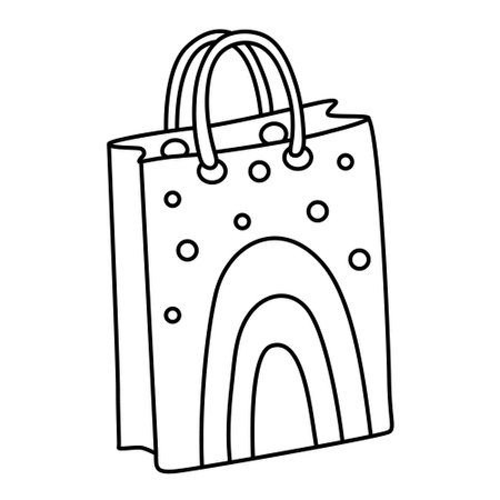 Gift bag decorated with rainbow hand drawn doodle vector illustration black outline. Great for coloring and greeting cards.のイラスト素材