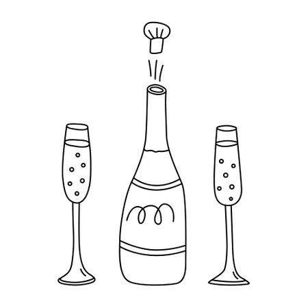 Bottle of champagne with glasses hand drawn doodle vector illustration black outline. Great for coloring and greeting cards.のイラスト素材