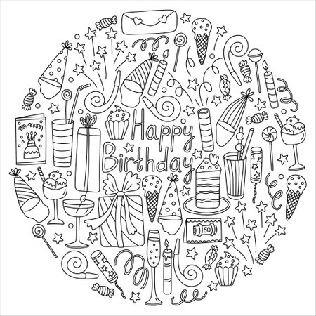Greeting card with Happy Birthday lettering. Cakes, drinks, party hats, gift boxes. Hand drawn doodle illustration black outline. Great illustrations for birthday cards, posters.のイラスト素材