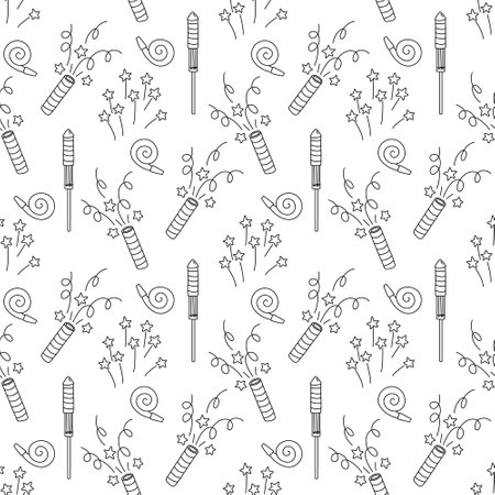 Seamless pattern with petards, firecrackers, birthday whistles and Firework with stars. Doodle hand drawn vector illustration on white background black outlineのイラスト素材