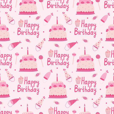 Seamless pattern with birthday cakes, hats and lollipops. Hand drawn flat vector illustration on pink background. Great for celebration, party and birthday themes.のイラスト素材