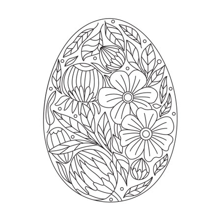 Nice egg decorated with flowers. Great for Easter greeting cards, coloring books. Doodle hand drawn illustration black outline.のイラスト素材
