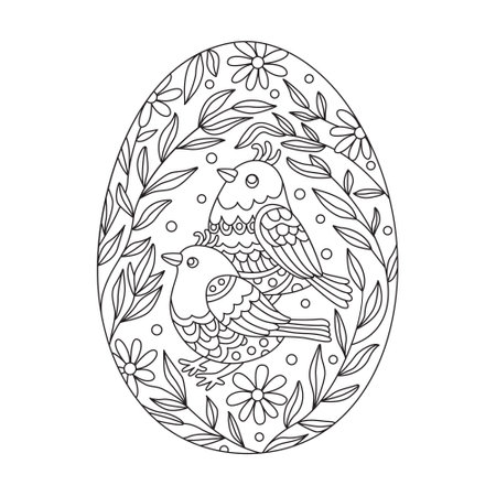 Cute egg decorated with birds and flowers. Great for Easter greeting cards, coloring books. Doodle hand drawn illustration black outline.のイラスト素材