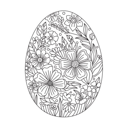 Beautiful decorative egg decorated with flowers. Great for Easter greeting cards, coloring books. Doodle hand drawn illustration black outline.のイラスト素材