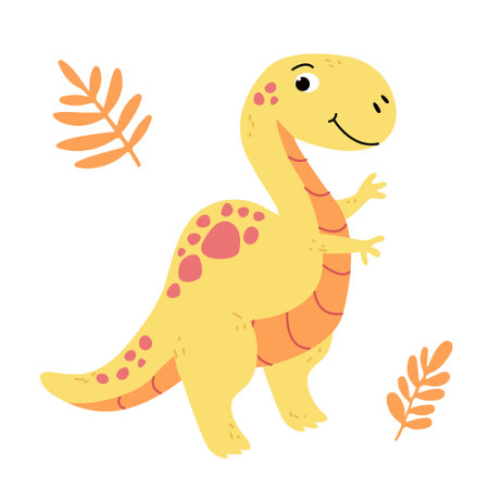 Charming illustration of a cute yellow dinosaur in a flat vector style. Friendly and playful design is ideal for children's books, t-shirt, nursery decor, greeting cards, party invitationsのイラスト素材