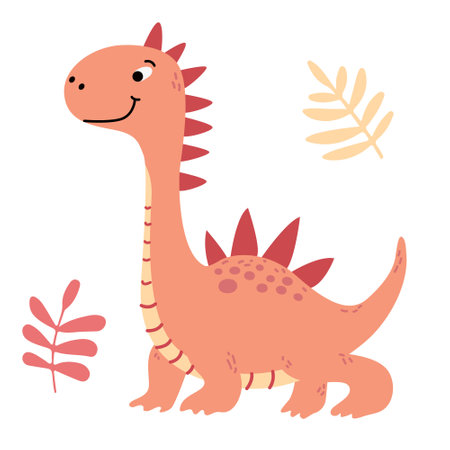 Charming illustration of a cute dinosaur in a flat vector style. Friendly and playful design is ideal for children's books, t-shirt, nursery decor, greeting cards, party invitationsのイラスト素材