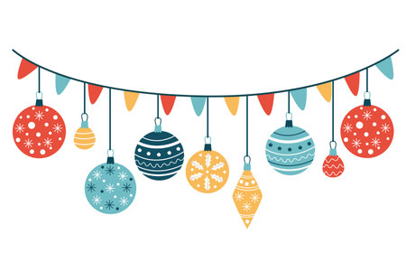 Garland with Christmas ornaments and baubles decorated with patterns. Hand drawn vector flat illustration isolated on white. Great for Xmas and New year greeting cards, posters.のイラスト素材