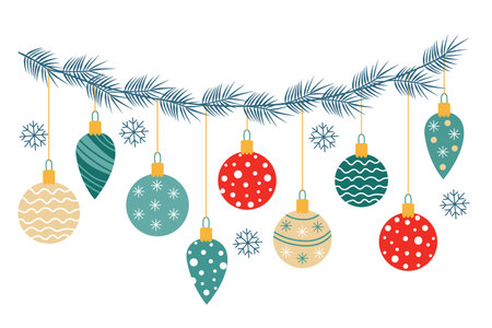 Garland with Christmas ornaments and baubles decorated with patterns. Hand drawn vector flat illustration isolated on white. Great for Xmas and New year greeting cards, posters.のイラスト素材